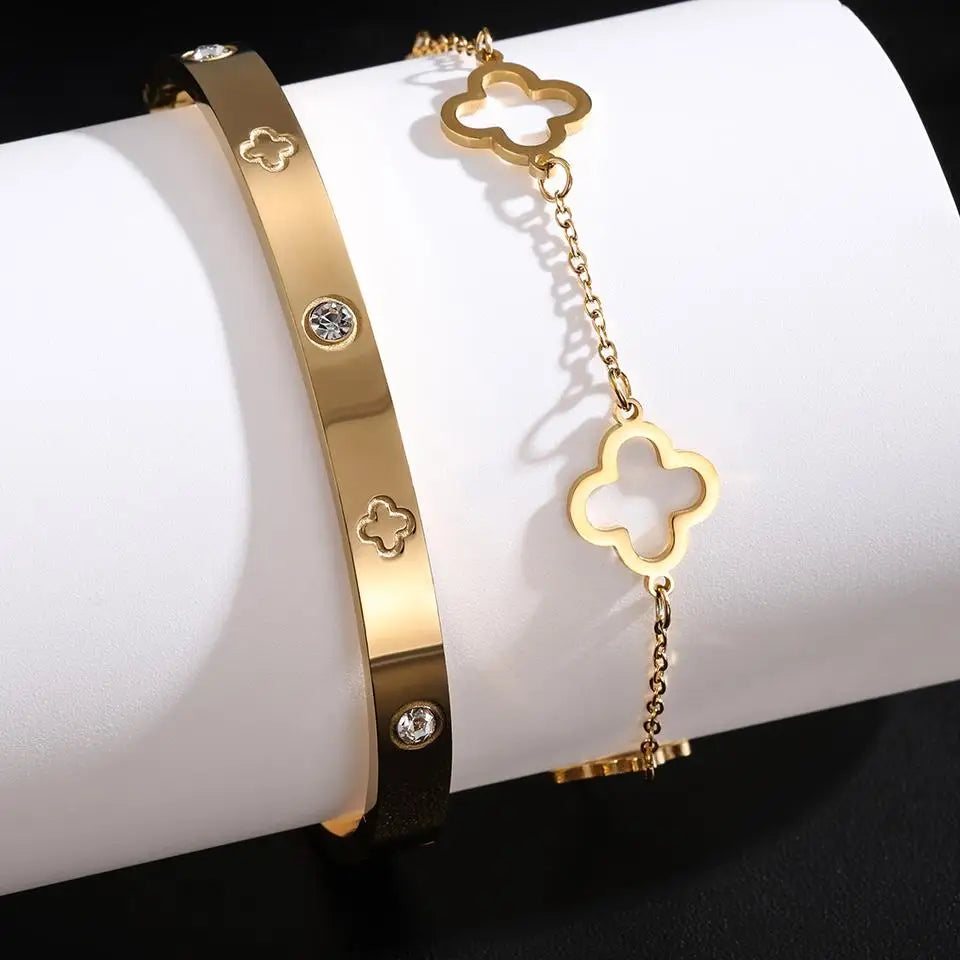 2Pcs Lucky Clover Bracelet Set for Women