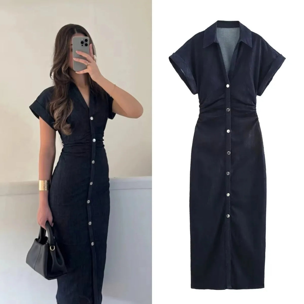 Slim Waist Denim Midi Dress